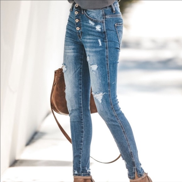 High Rise Distressed Ripped Denim Jeans Skinny - Picture 5 of 9